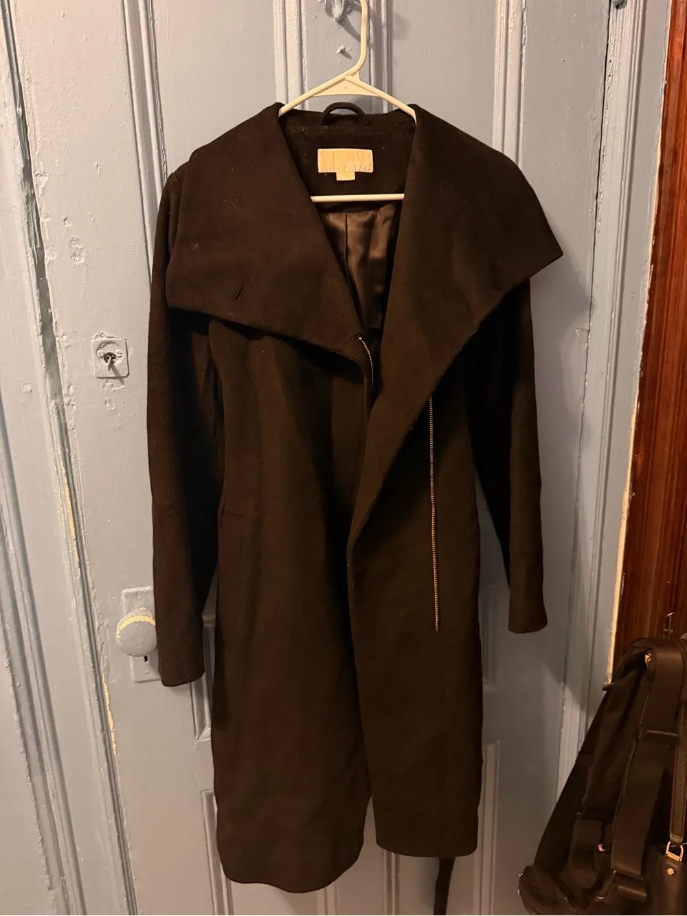 Michael Kors Black Long Wool-Blend Coat with Asymmetrical Zip (Medium Petite)